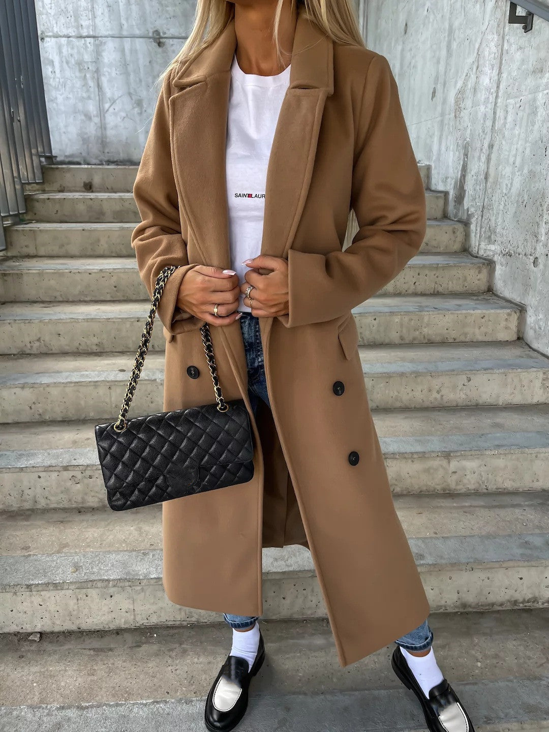 Double-Breasted Lapel Split Jacket with Belt for Women