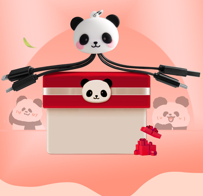 Cartoon Panda One Drag Three Data Wires Cute Keychain Panda Three in One Fast Charging Mobile Phone Charging Cable - Korvel