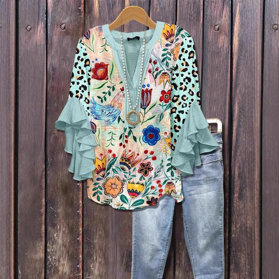 Camiseta de Moda con Escote en V y Detalle de Loto para Mujeres