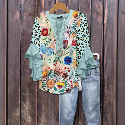 T-shirt à col en V avec bordure lotus pour femmes