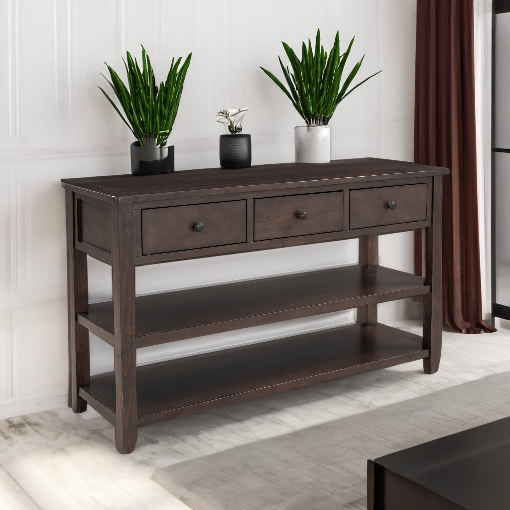 Retro Design Console Table with Two Open Shelves, Pine Solid Wood Frame and Legs for Living Room (Espresso) - Korvel