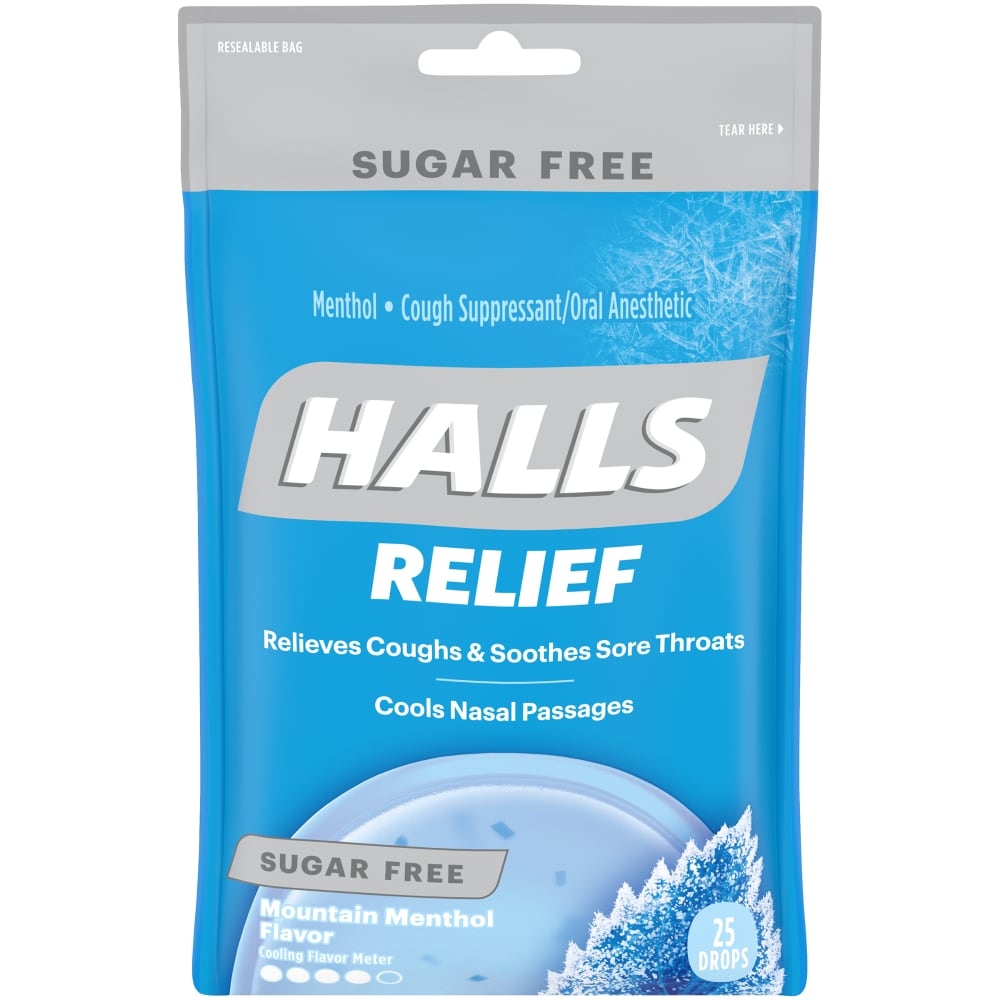 Bonbons contre la toux Halls Relief, sans sucre, saveur menthol montagne, 25 bonbons