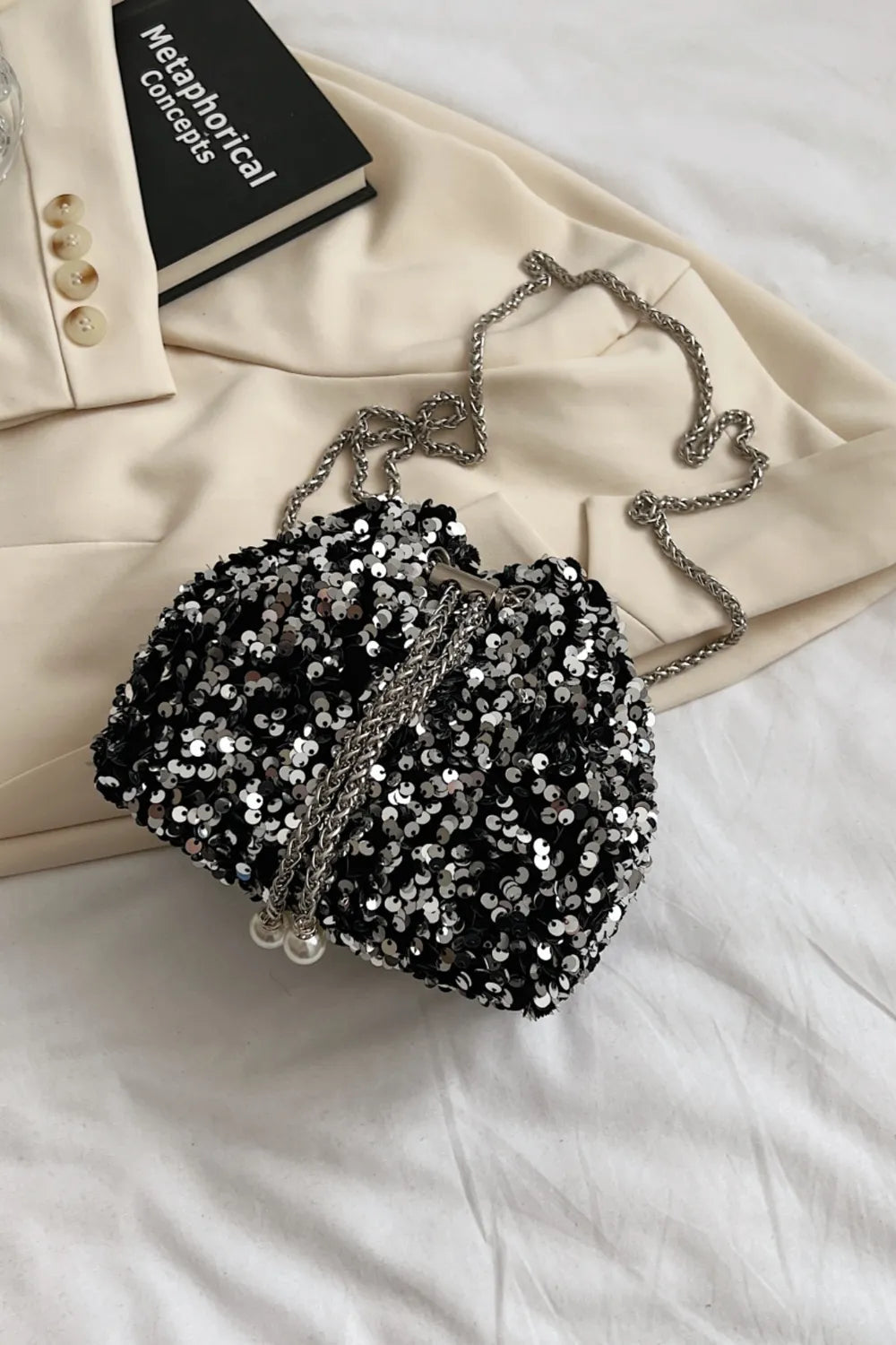 Sequin Chain Drawstring Bucket Bag - Korvel