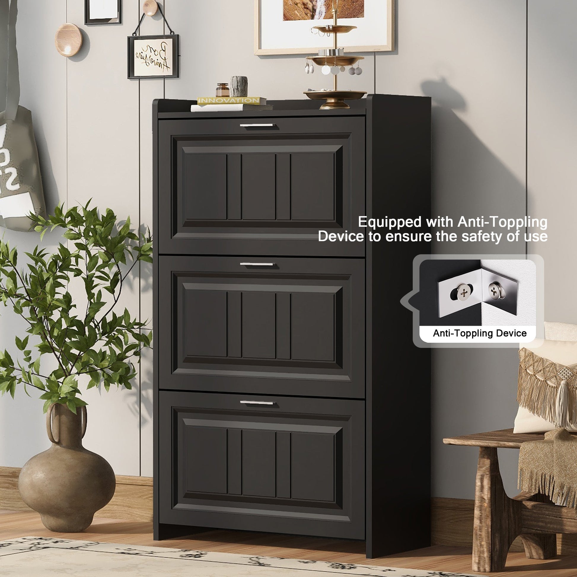 U-Can Shoe Storage Cabinet for Entryway with 3 Flip Drawers, Modern Shoe Organizer Cabinet, Free Standing Shoe Rack Black - Korvel