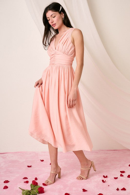 Robe midi sans manches à décolleté en V froncé élégante pour femmes