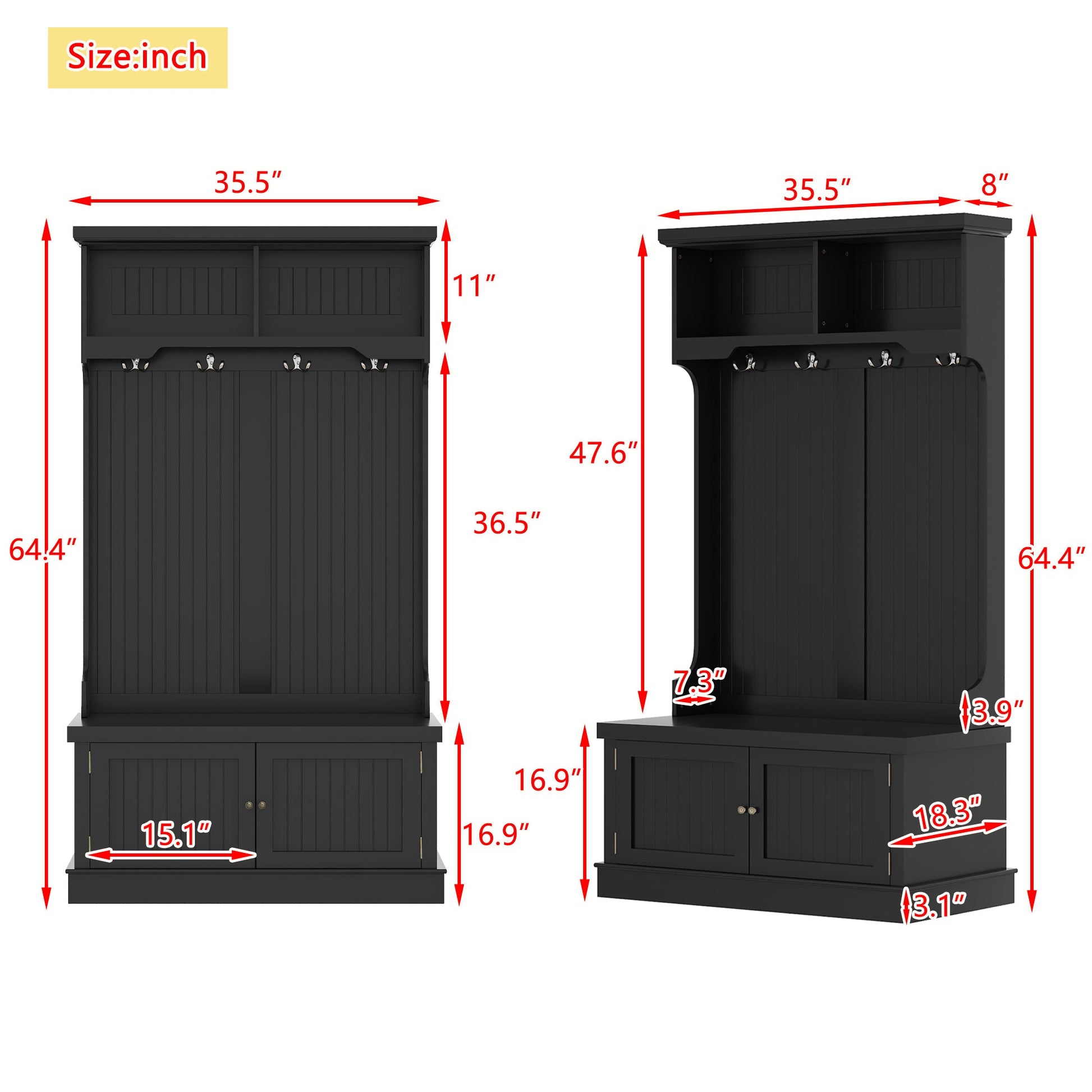 Hall Tree with Storage Shoe Bench for Entryway and Hallway, 4-in-1 Design Coat Racks with 4 Hooks for Living Room, Black - Korvel