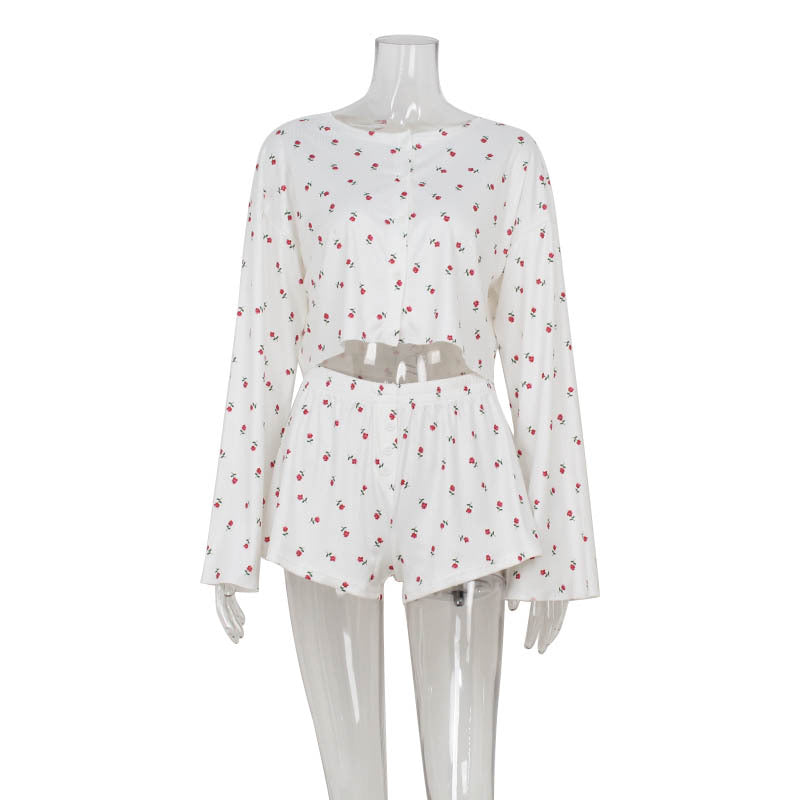 Printed round neck long sleeved cardigan with exposed waist top loose casual shorts set for women - Korvel