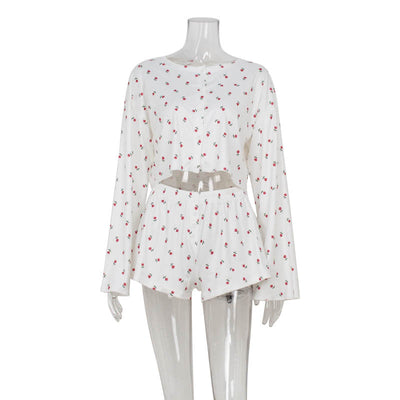 Printed round neck long sleeved cardigan with exposed waist top loose casual shorts set for women - Korvel