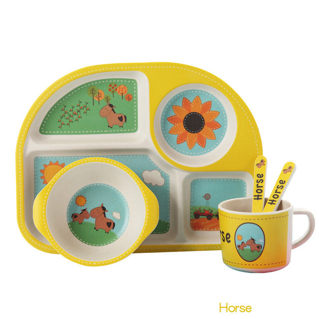 5pcs/set Baby Dinnerware Bamboo Fiber Children Tableware Set Plate Dishes Bowl With Spoon Cartoon Feeding Set Food Container - Korvel