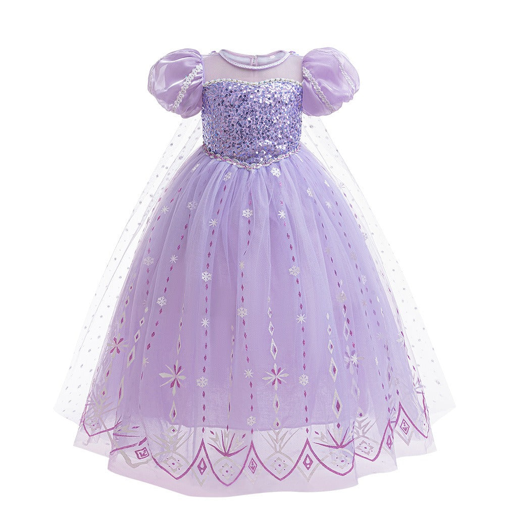 Frozen 2 Elsa Princess Dress Purple Bubble Sleeves Pearl Mesh Girls' Cosplay Dress Performance Dress - Korvel
