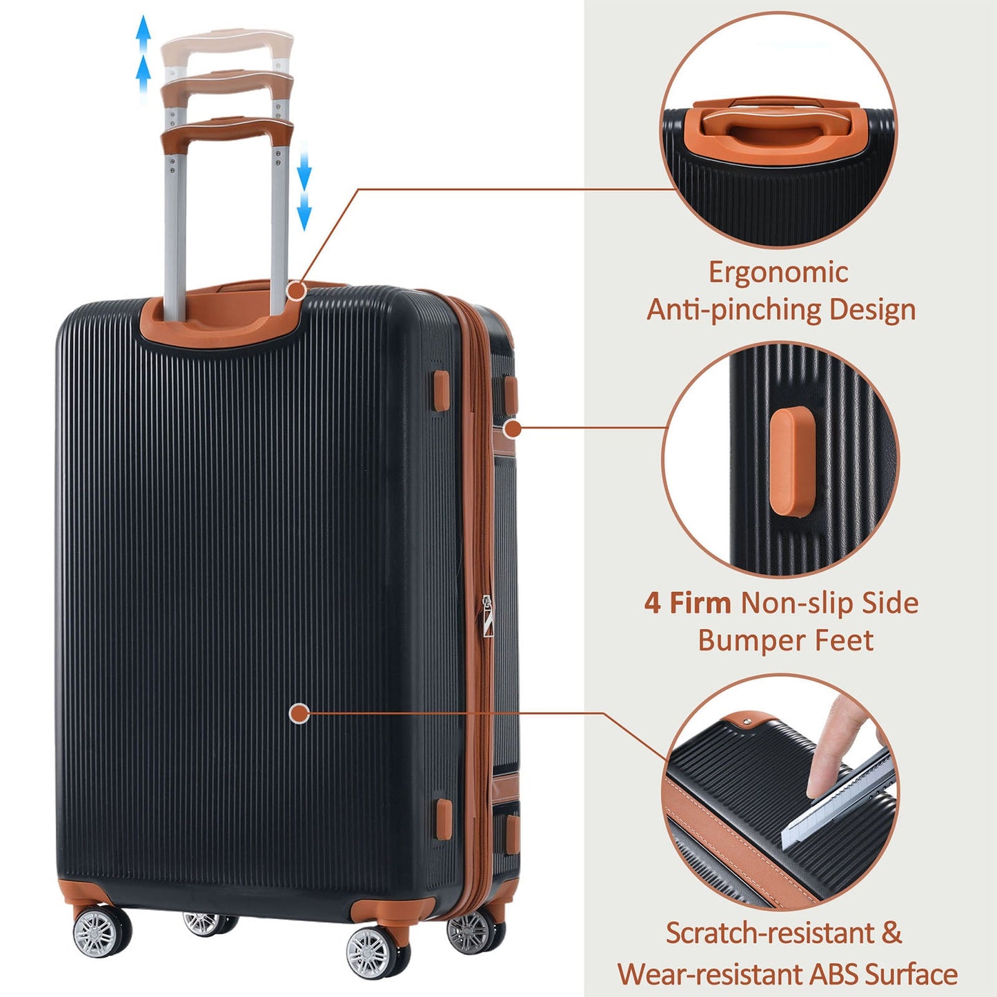 Hardshell Luggage Sets 3 Piece double spinner 8 wheels Suitcase with TSA Lock Lightweight 20''24''28'' Black + ABS - Korvel