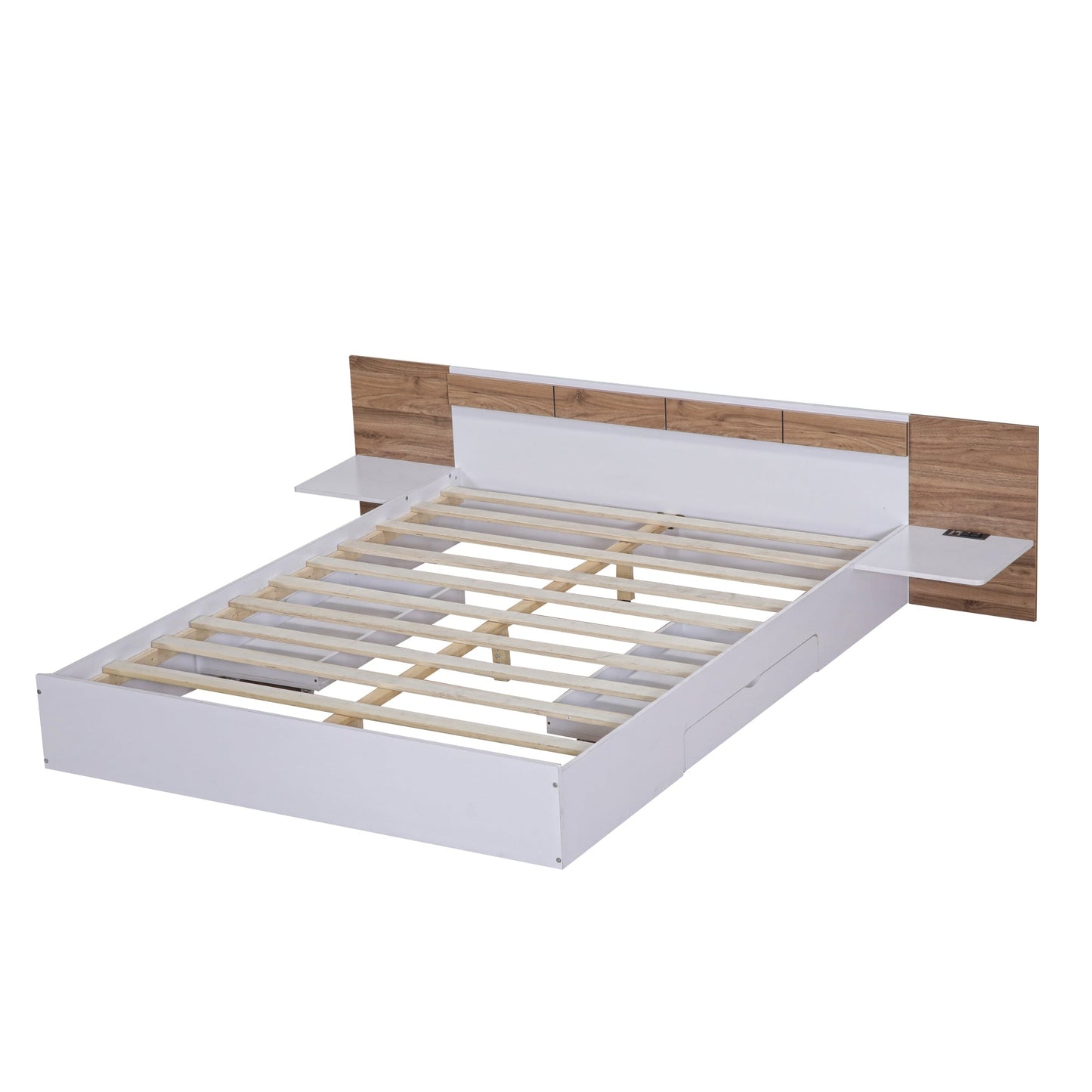 Queen Size Platform Bed with Headboard, Drawers, Shelves, USB Ports and Sockets  White - Korvel