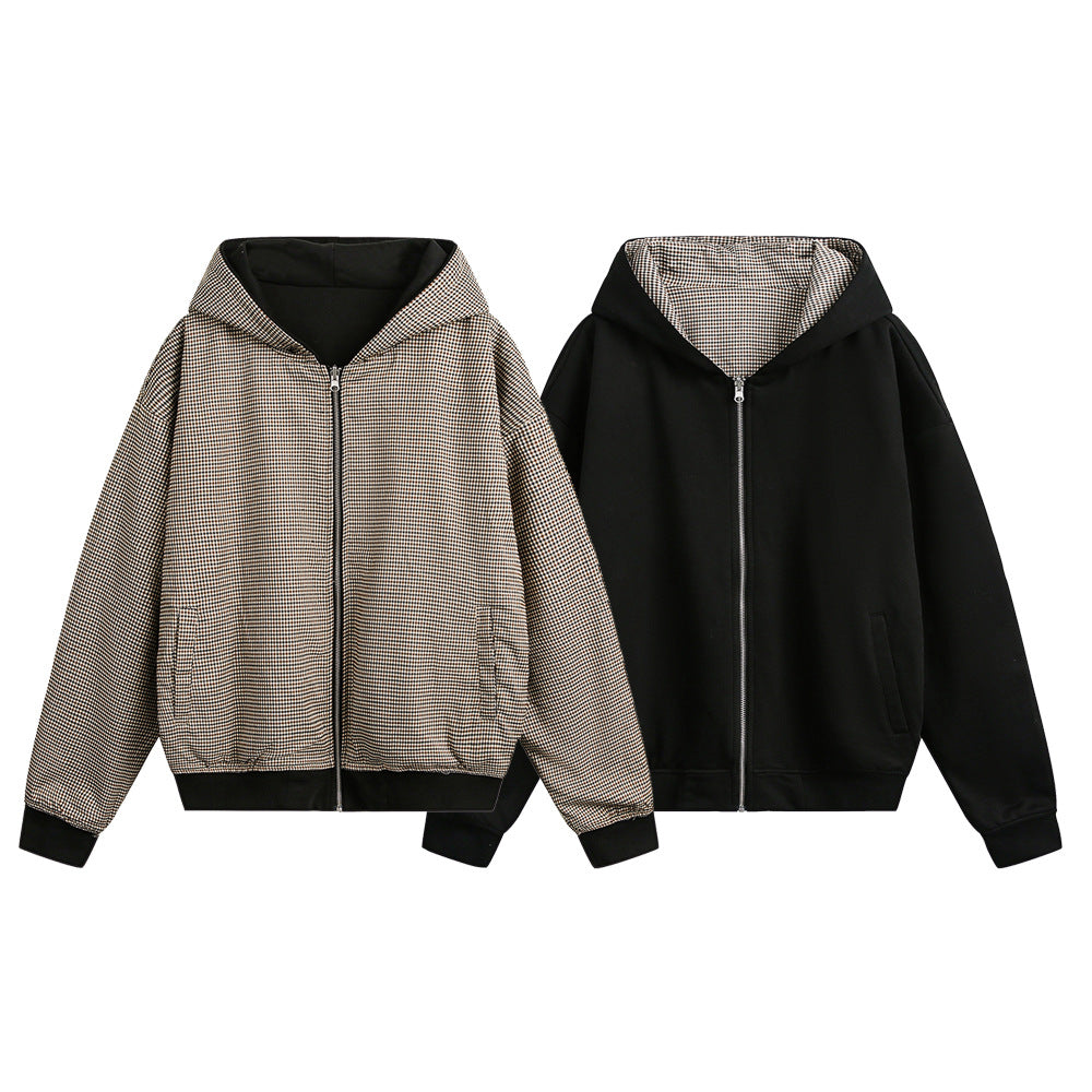 Double-sided Wear Hooded Cardigan Unisex Spring and Autumn Casual Loose Fit Plaid Short Jacket Two-Way Wearing - Korvel