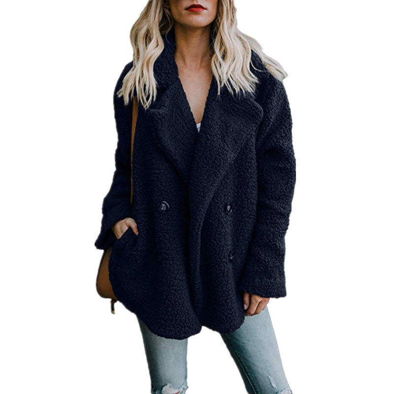 Women's Plush Button Lapel Pocket Overcoat for Autumn & Winter