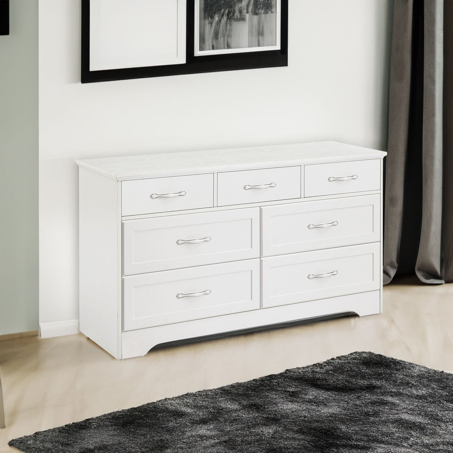 Modern 3 Drawer Bedroom Chest of Drawers with 7 Drawers Dresser Clothes Organizer -Metal Pulls White, 47.6″L x 15.7″W x 26.6″H - Korvel