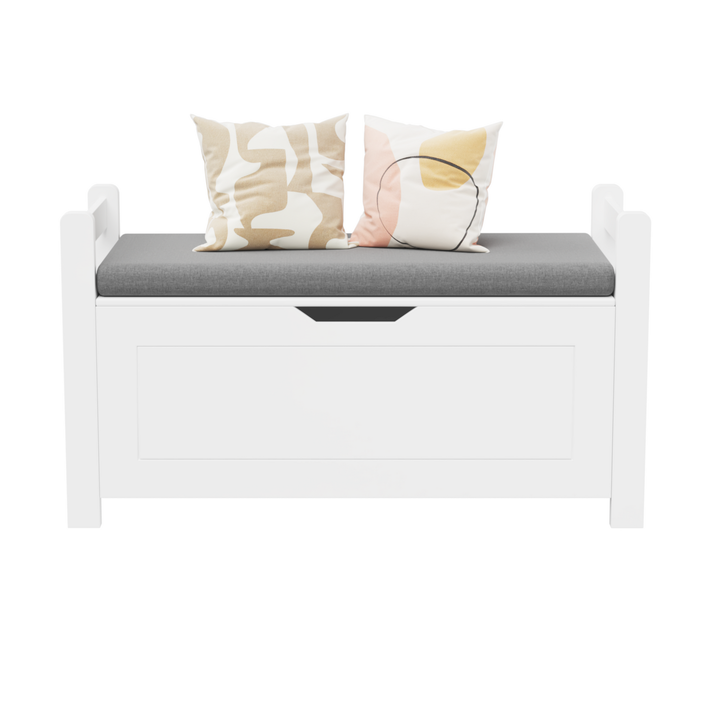 A white rubber wood children's toy box with soft cushioned seats, stools, flip covers, and safety hinges for toy storage - Korvel