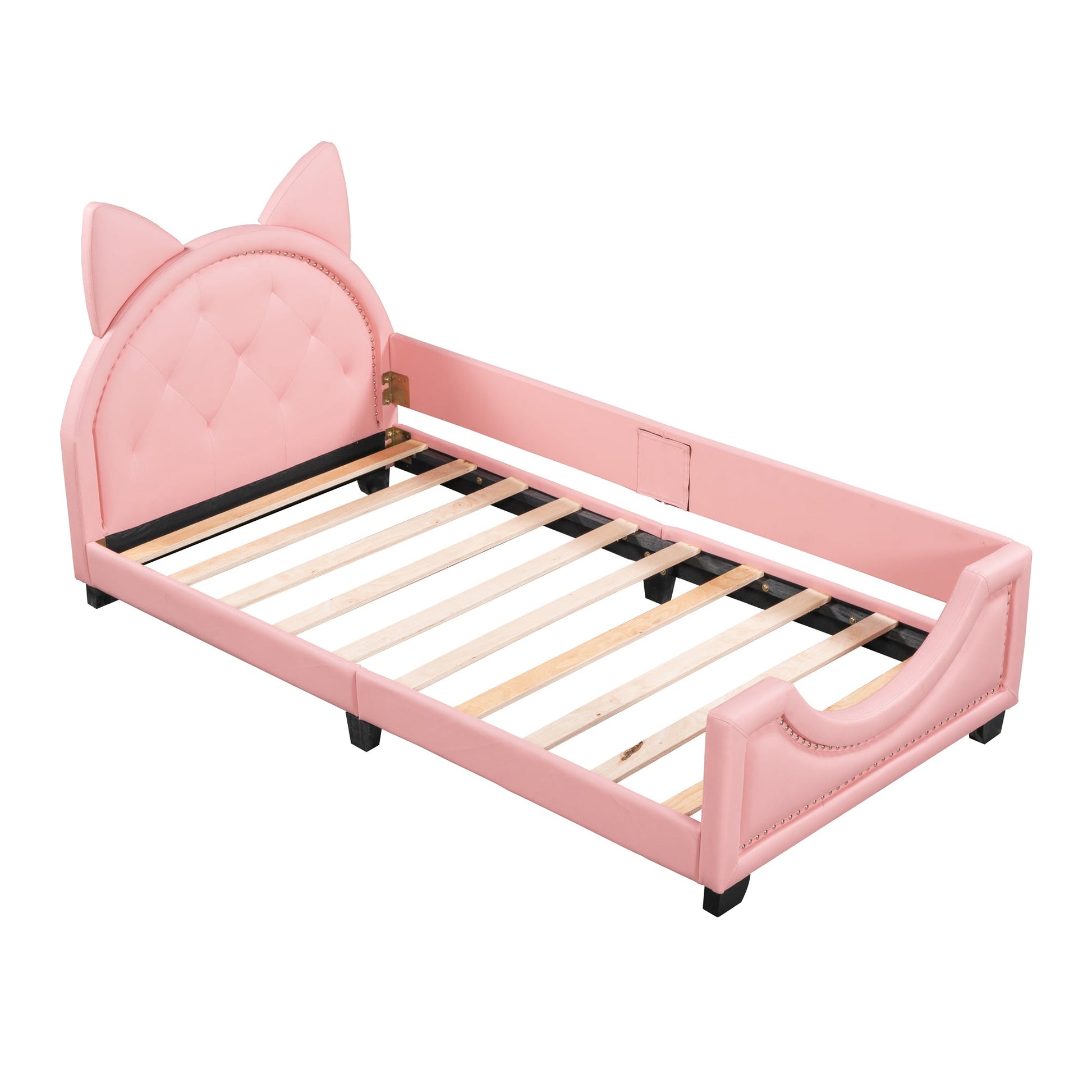 Twin Size Upholstered Daybed with Carton Ears Shaped Headboard  Pink - Korvel