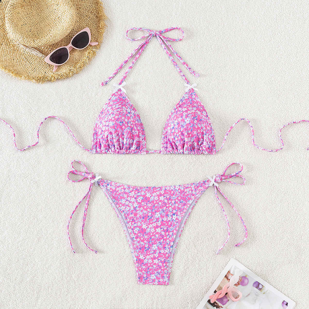 Floral triangle cup lace up sexy bikini split swimsuit for women - Korvel