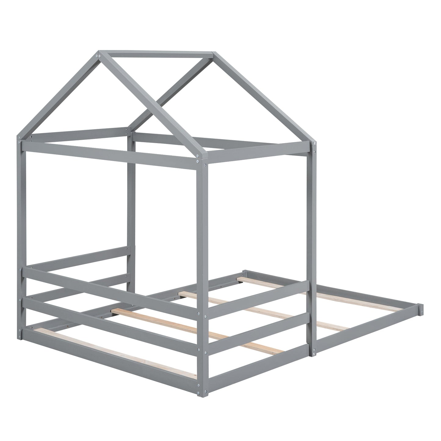 Wood Full Size House Bed with Guardrail, Grey - Korvel