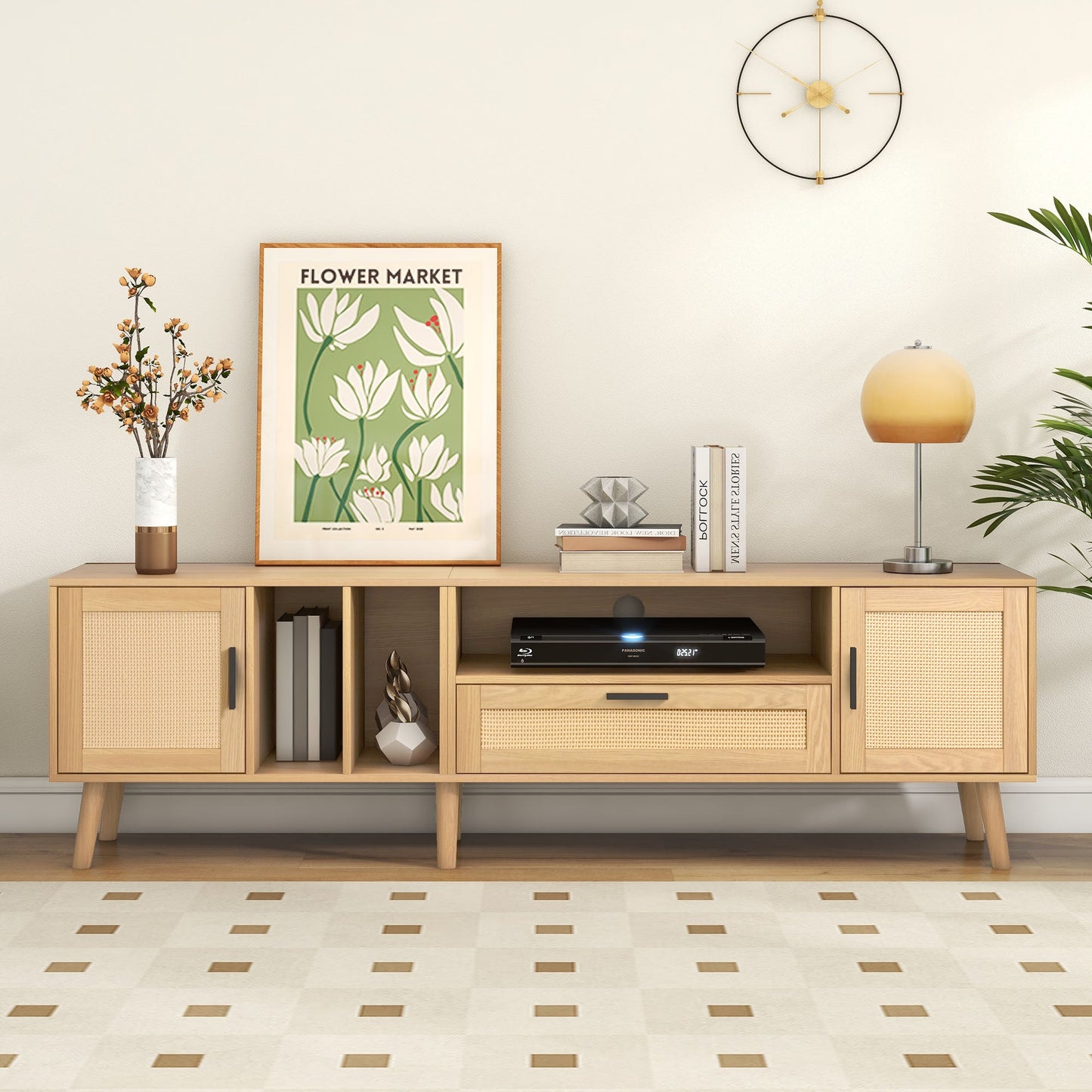 Vine TV stand with 2 cabinets and 2 open shelves, suitable for TVs under 80 inches, with solid wood legs for TV cabinets - Korvel
