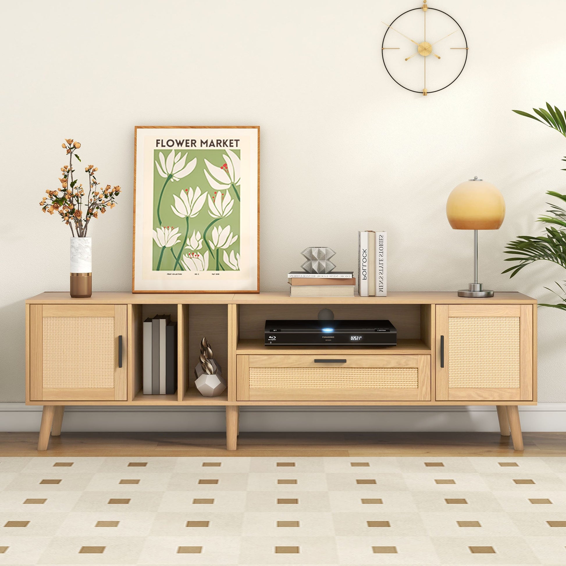 Vine TV stand with 2 cabinets and 2 open shelves, suitable for TVs under 80 inches, with solid wood legs for TV cabinets - Korvel