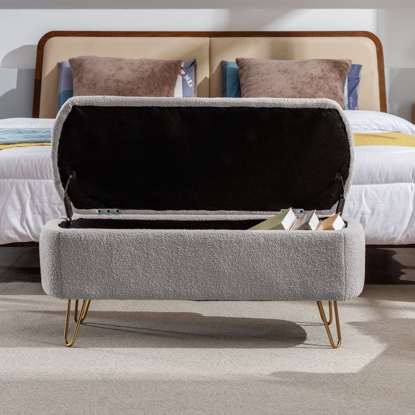 Grey Storage Ottoman Bench for End of Bed Gold Legs Modern Grey Faux Fur Entryway Bench - Korvel