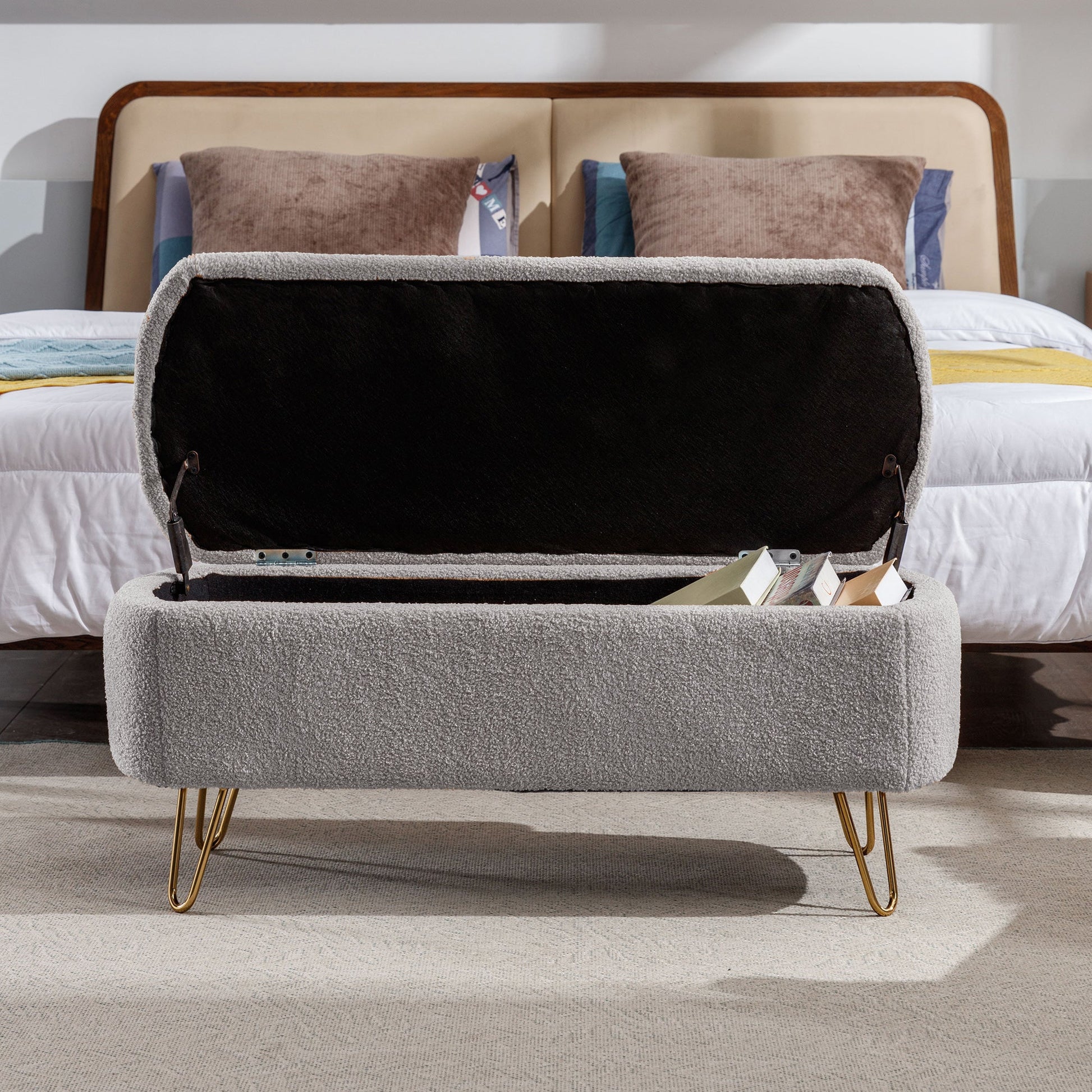 Grey Storage Ottoman Bench for End of Bed Gold Legs Modern Grey Faux Fur Entryway Bench - Korvel