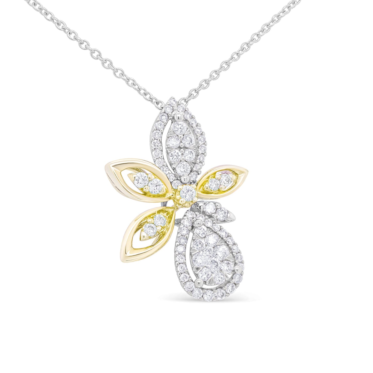 Pendentif en Diamant Floral en Or Blanc et Jaune 14K