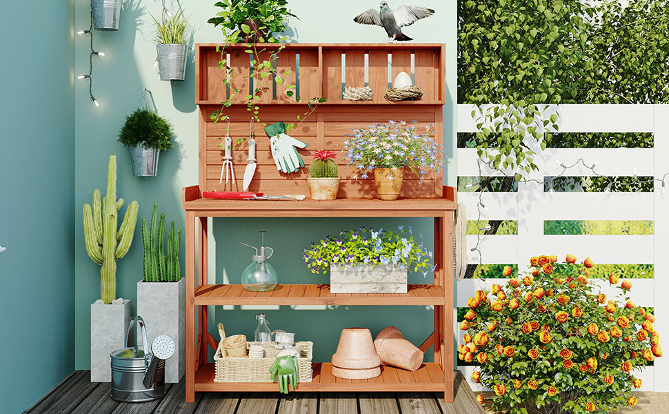 65" Large Wooden Farmhouse Rustic Outdoor Potting Bench Table Garden Potting Bench with 4 Storage Shelves and Side Hook,Natural - Korvel