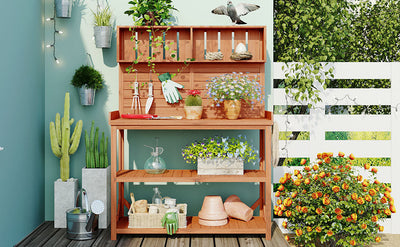 65" Large Wooden Farmhouse Rustic Outdoor Potting Bench Table Garden Potting Bench with 4 Storage Shelves and Side Hook,Natural - Korvel