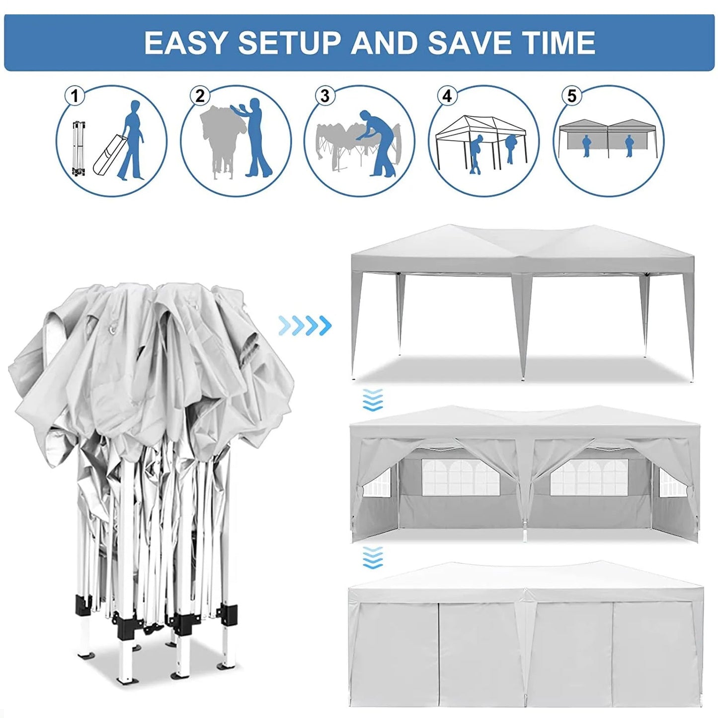 10'x20 'folding canopy with 6 detachable side walls outdoor activity shelters UPF 50+terrace portable tent (white) - Korvel