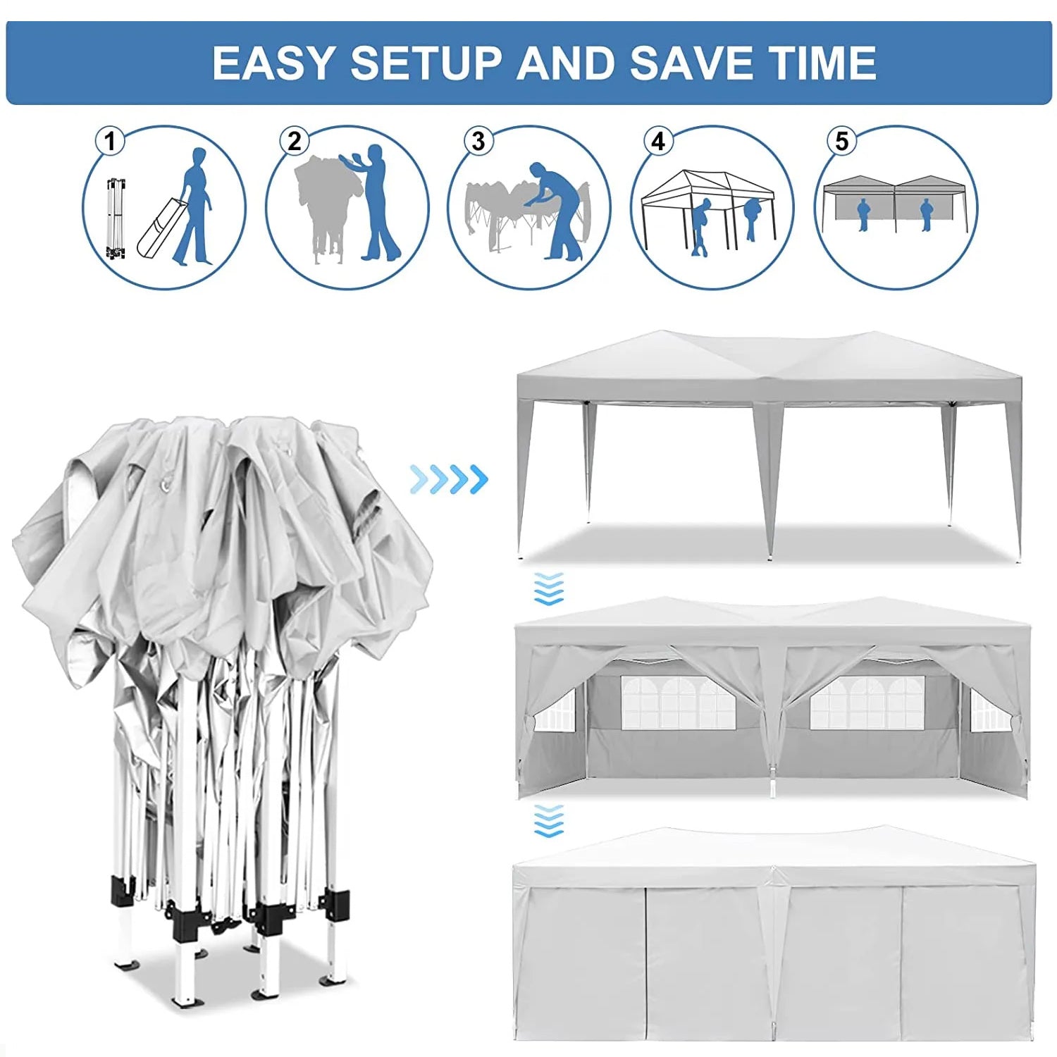 10'x20 'folding canopy with 6 detachable side walls outdoor activity shelters UPF 50+terrace portable tent (white) - Korvel