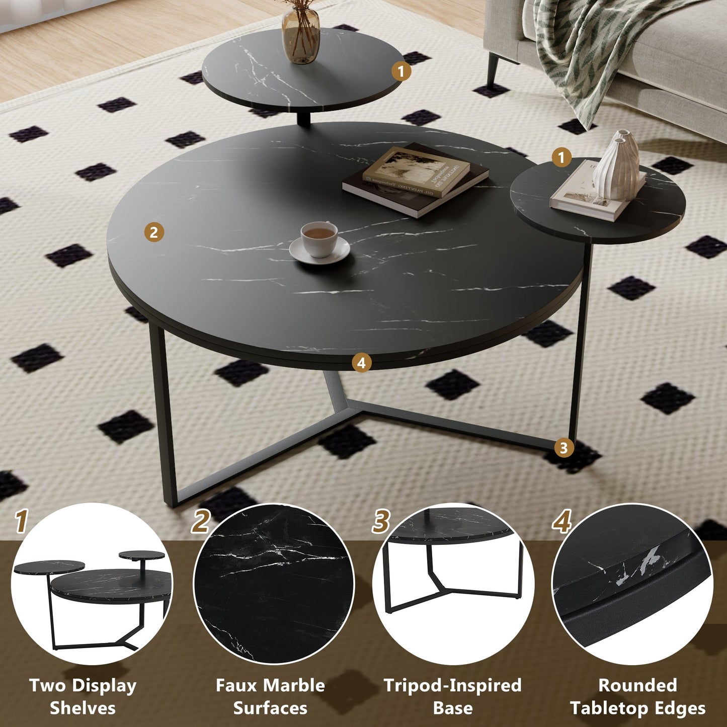 Modern coffee table with two display shelves, Black Faux marble surfaces, Tripod-inspired base,Rounded tabletop edges - Korvel