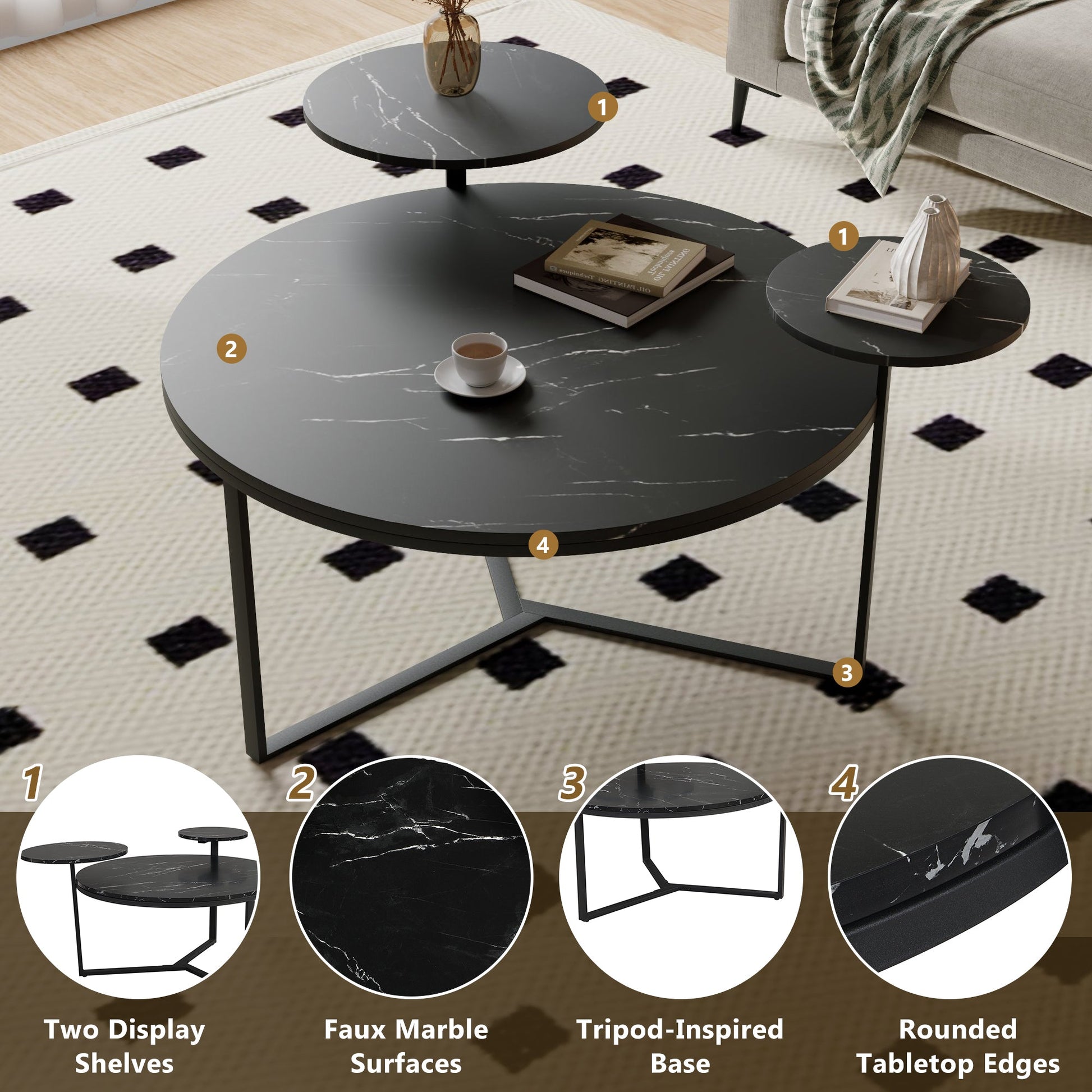 Modern coffee table with two display shelves, Black Faux marble surfaces, Tripod-inspired base,Rounded tabletop edges - Korvel