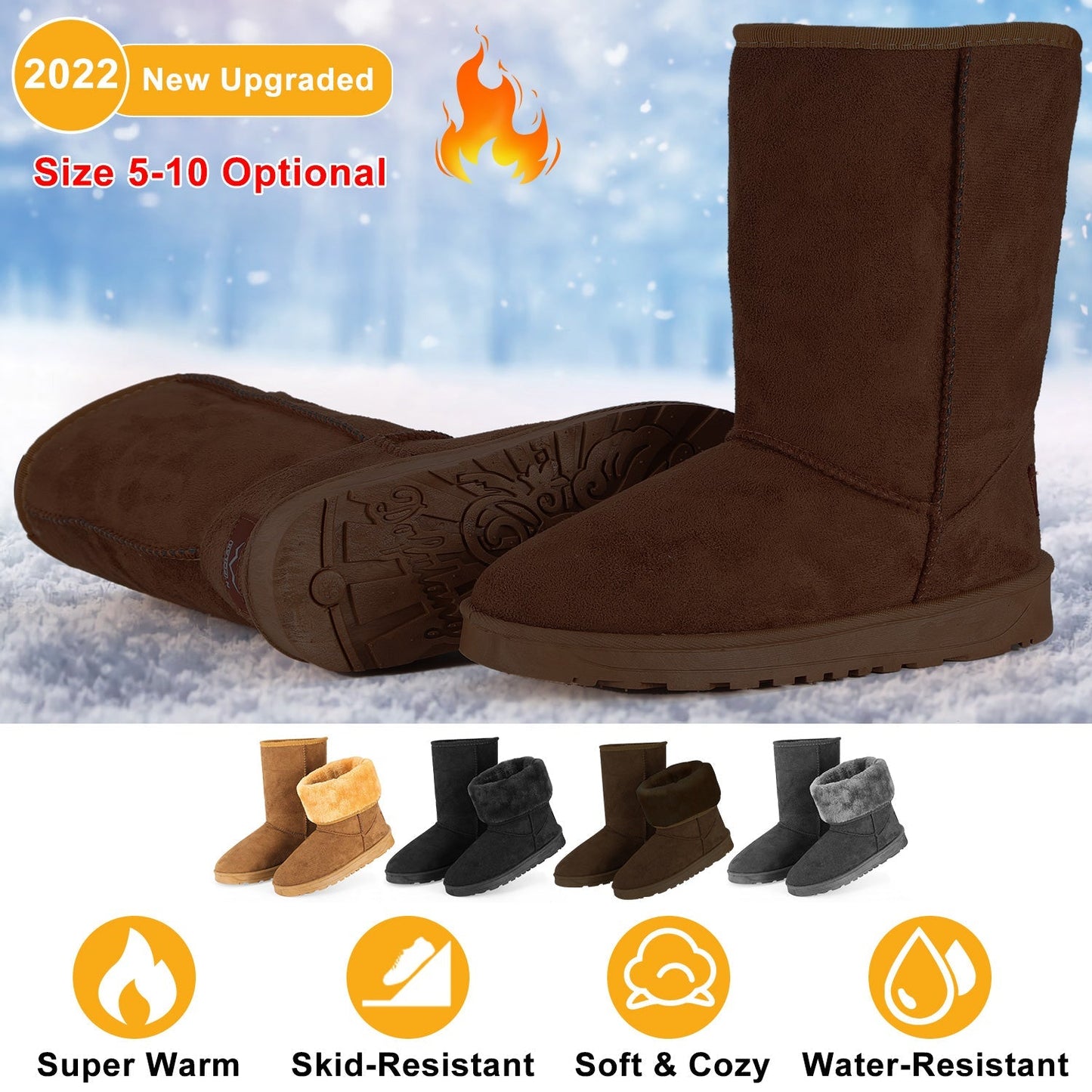 Women’s Waterproof Faux Suede Mid-Calf Snow Boots with Fur Lining