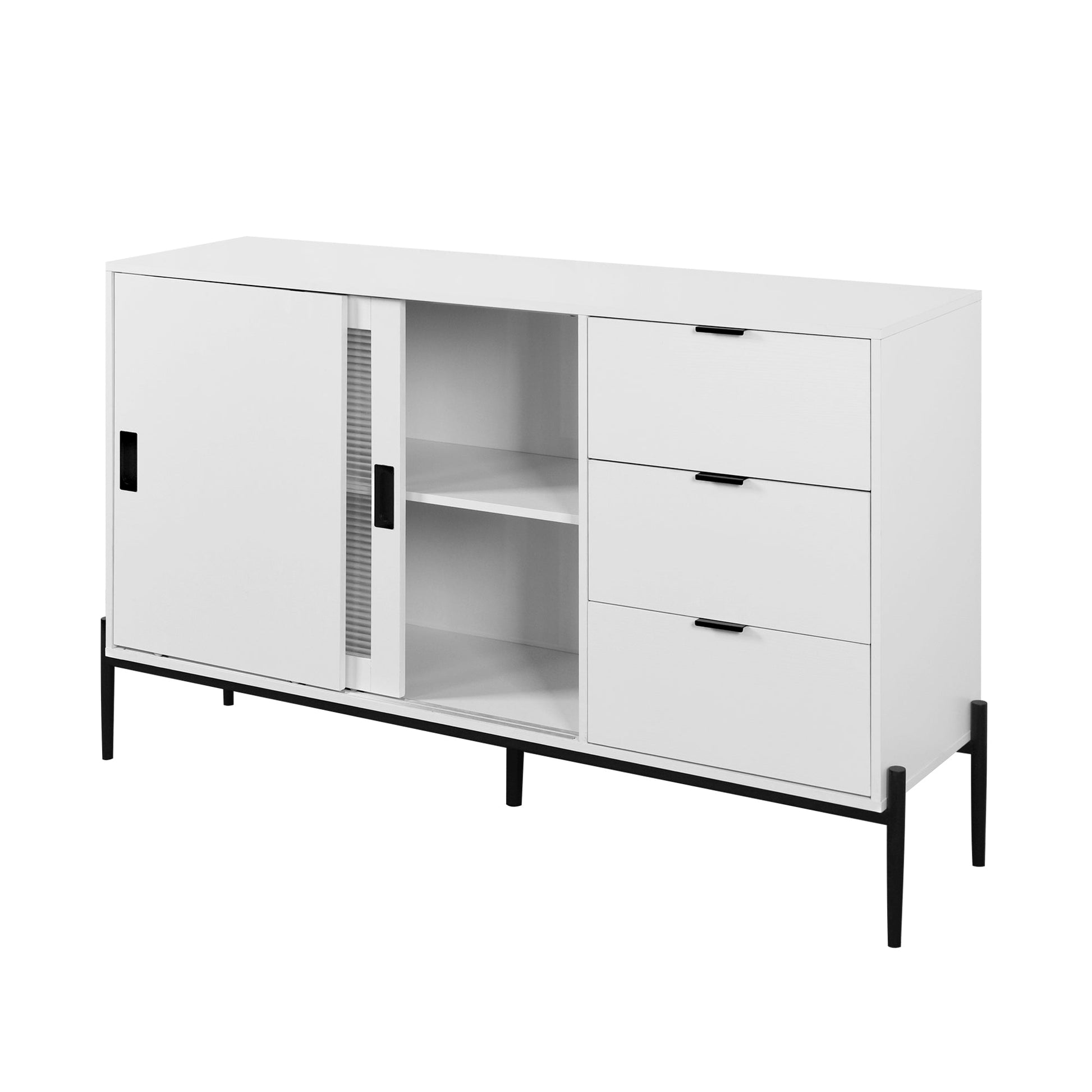 Modern characteristic storage cabinet side panel with glass sliding door and 3 drawers, dining table cabinet in white color - Korvel