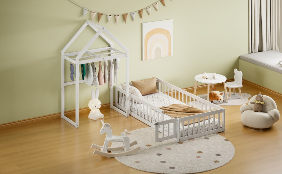 Wooden Twin Size Children's Bed with Detachable Headboard and Integrated Clothes Drying Rack, White - Korvel