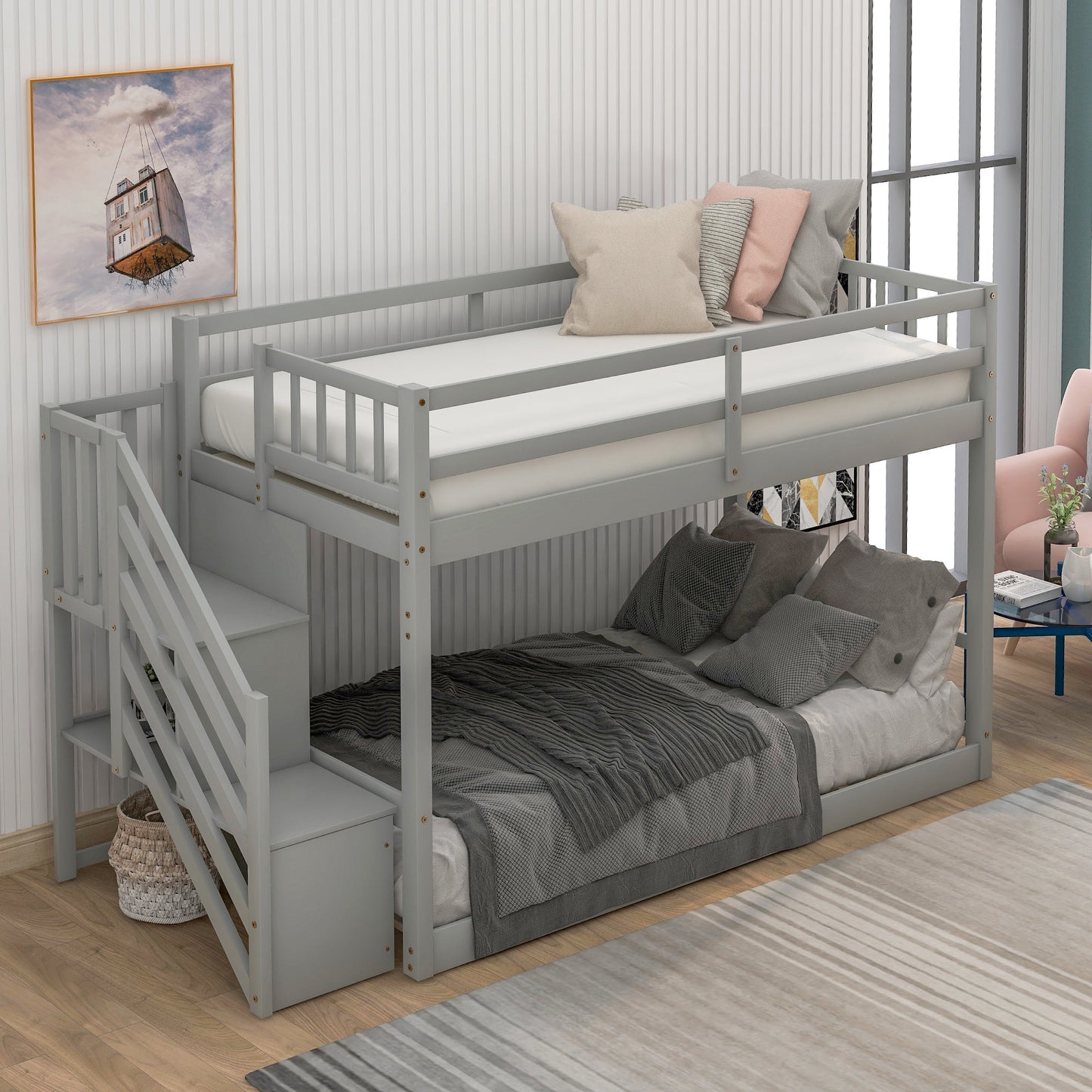 Twin over Twin Floor Bunk Bed, Ladder with Storage  Gray - Korvel