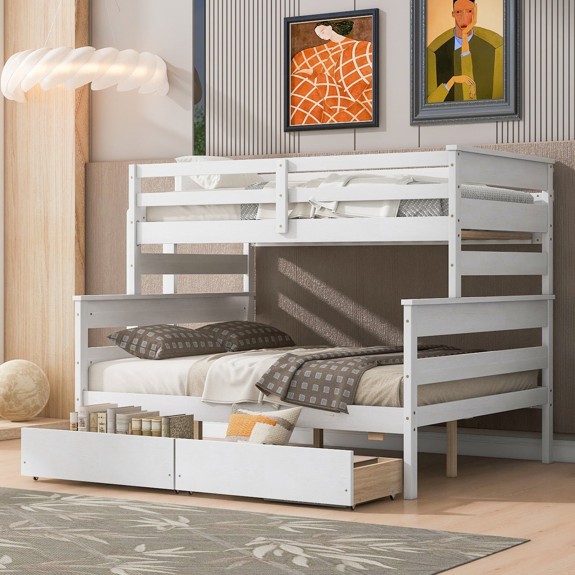 Wood Twin over Full Bunk Bed with 2 Drawers  White - Korvel