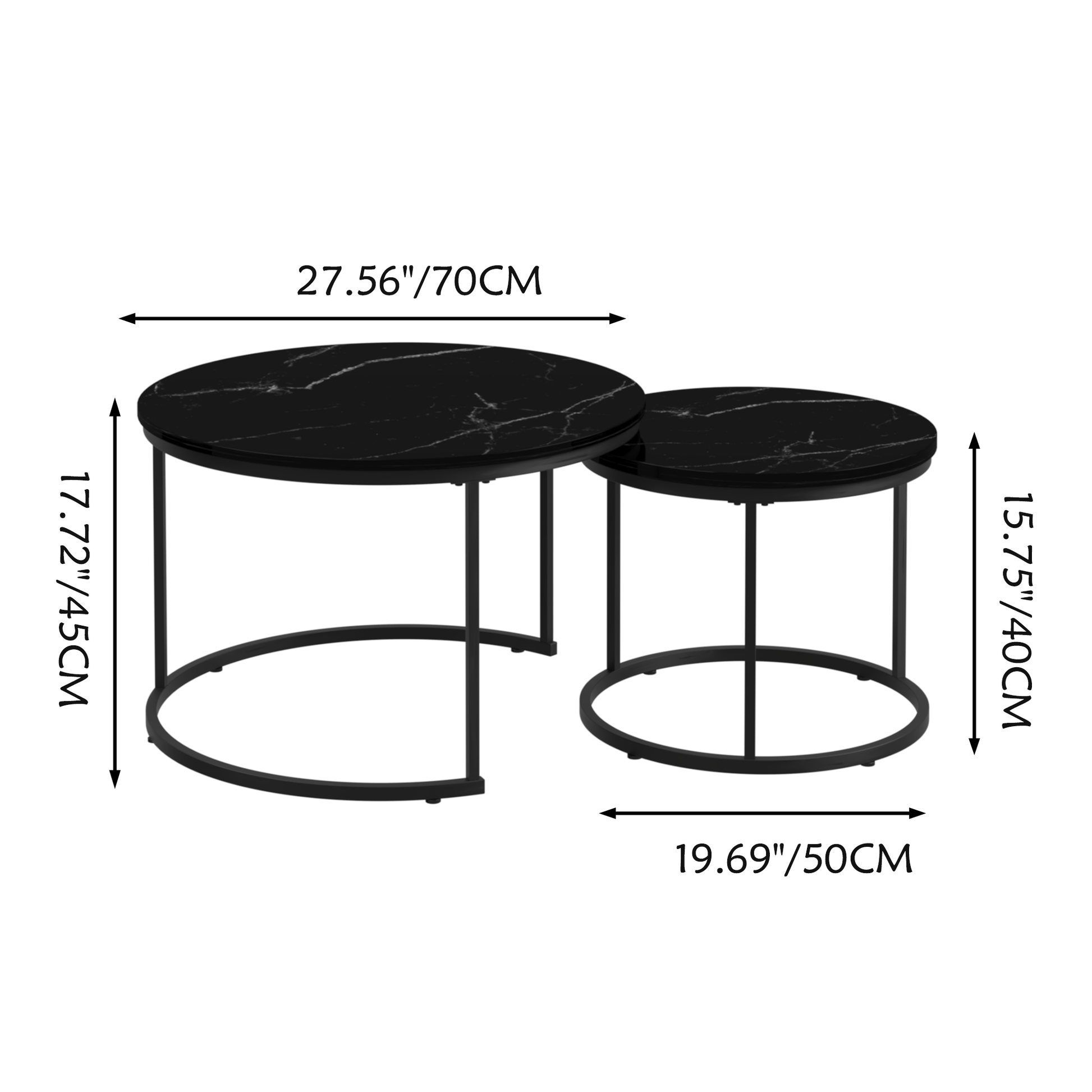 A set of nested coffee tables, 27.6-inch round coffee table, wooden marble patterned tabletop, sturdy metal frame (black) - Korvel