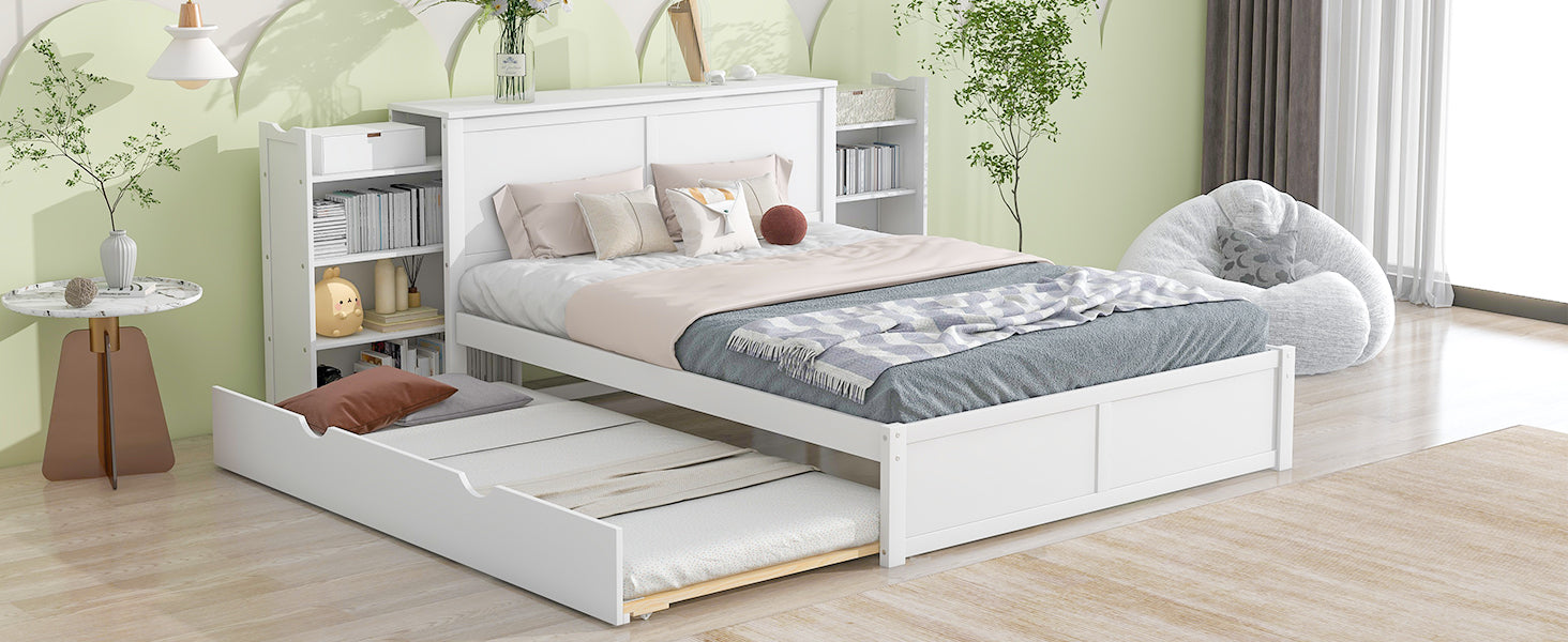 Queen Size Storage Platform Bed with Pull Out Shelves and Twin XL Size Trundle  White - Korvel