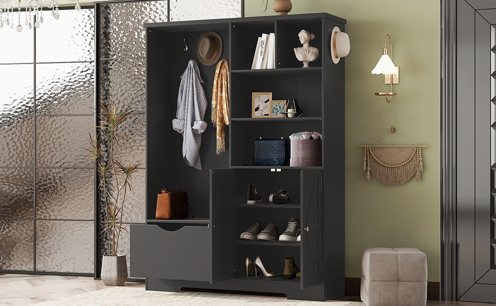 Multi-functional Hall Tree with Storage Shelves Drawers and Cabinet, Elegant Hallway Shoe Cabinet with Bench Modern Black - Korvel