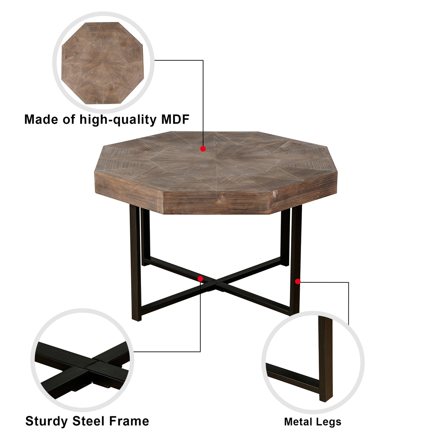 Mesa de café octagonal de madera marrón antigua con patas de metal