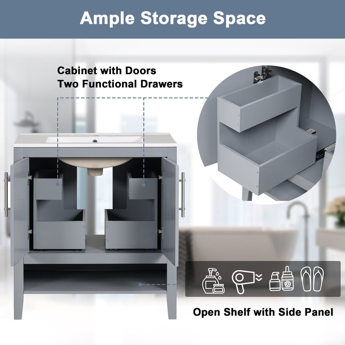 30" Bathroom Vanity with Sink, Multi-functional Bathroom Cabinet with Doors and Drawers, Solid Frame and MDF Board, Grey - Korvel