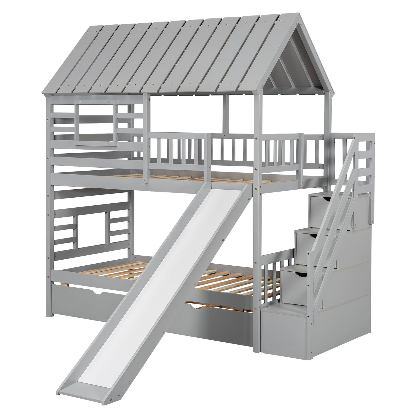 Lit superposé jumeau sur jumeau avec trundle et toboggan - Gris