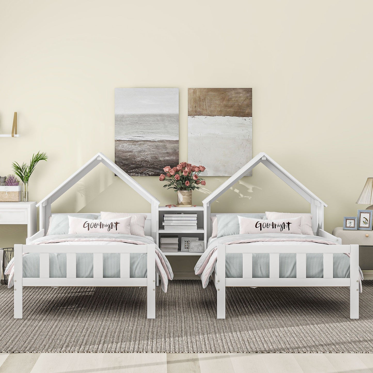 Double Twin Size Platform Bed with House Headboard and Nightstand, White