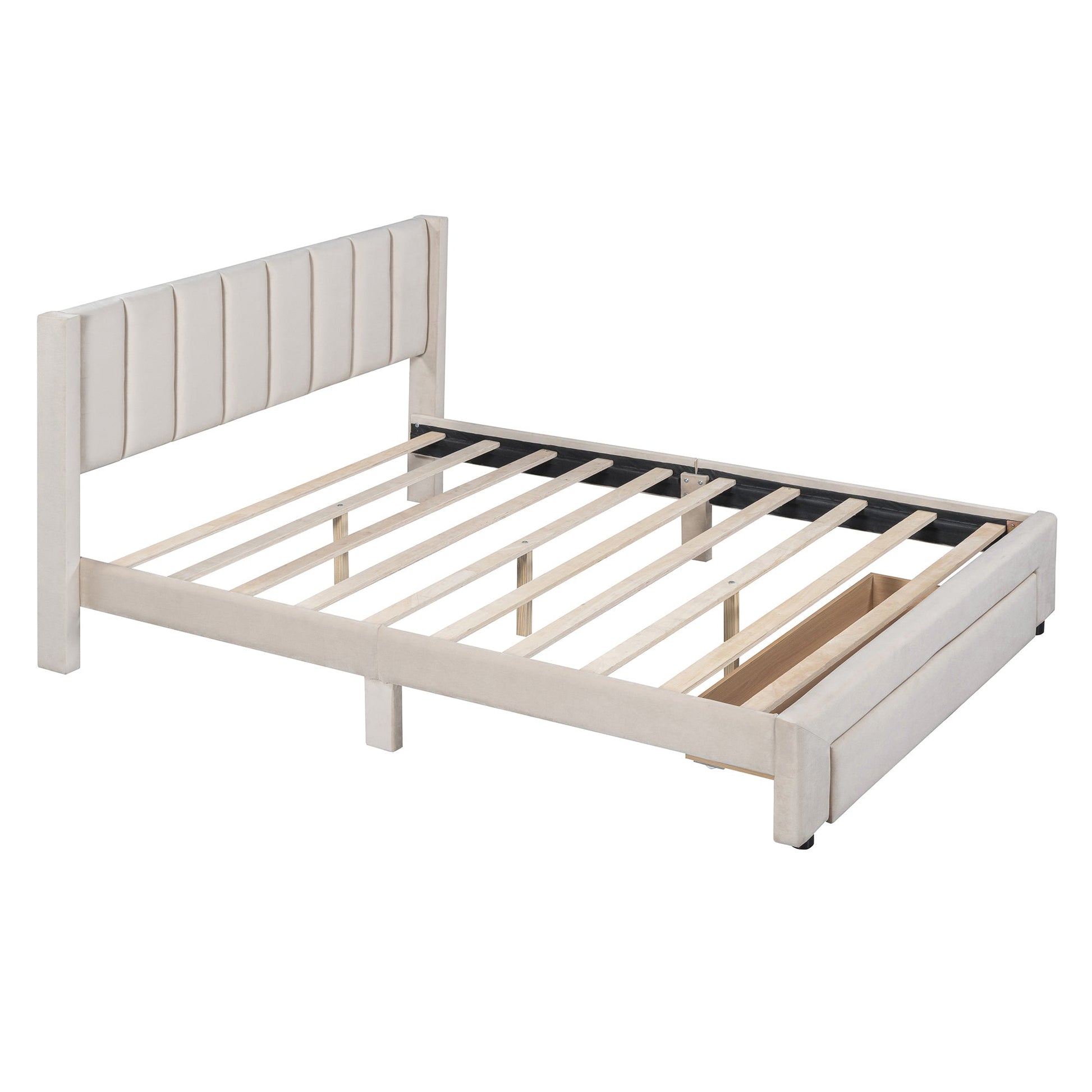 Queen Size Storage Bed Velvet Upholstered Platform Bed with a Big Drawer - Beige - Korvel