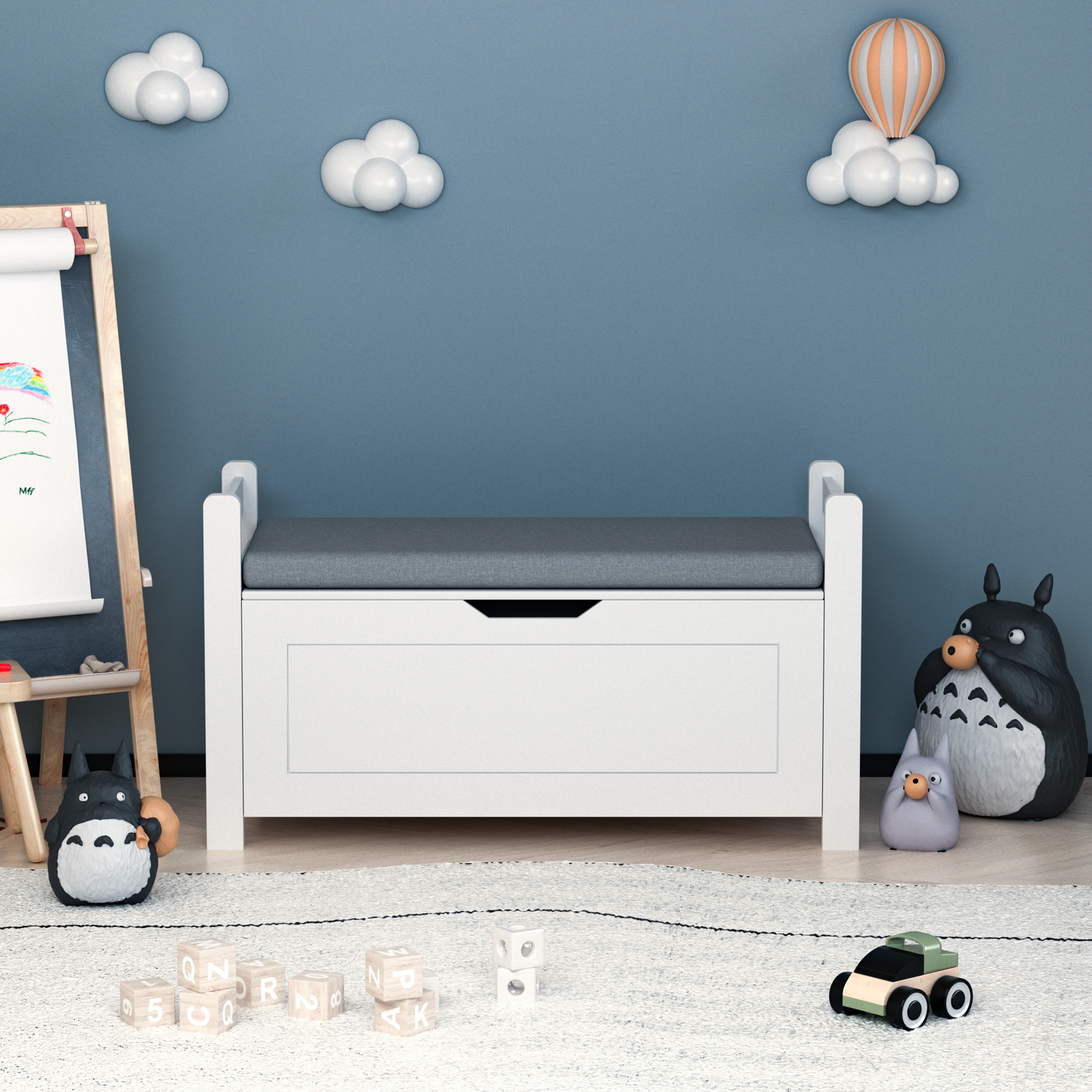 A white rubber wood children's toy box with soft cushioned seats, stools, flip covers, and safety hinges for toy storage - Korvel