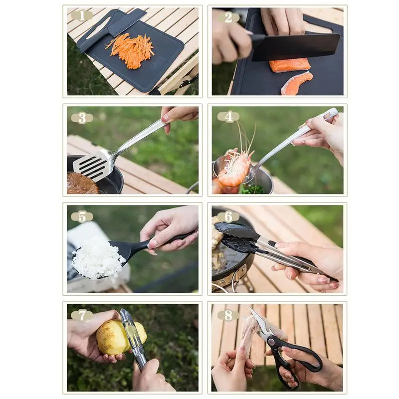 Camping Kitchen Set 8pcs Camping Outdoor Cookware Kit Stainless Steel Camping Tool Travel Set And Utensil Organizer Storage bag - Korvel
