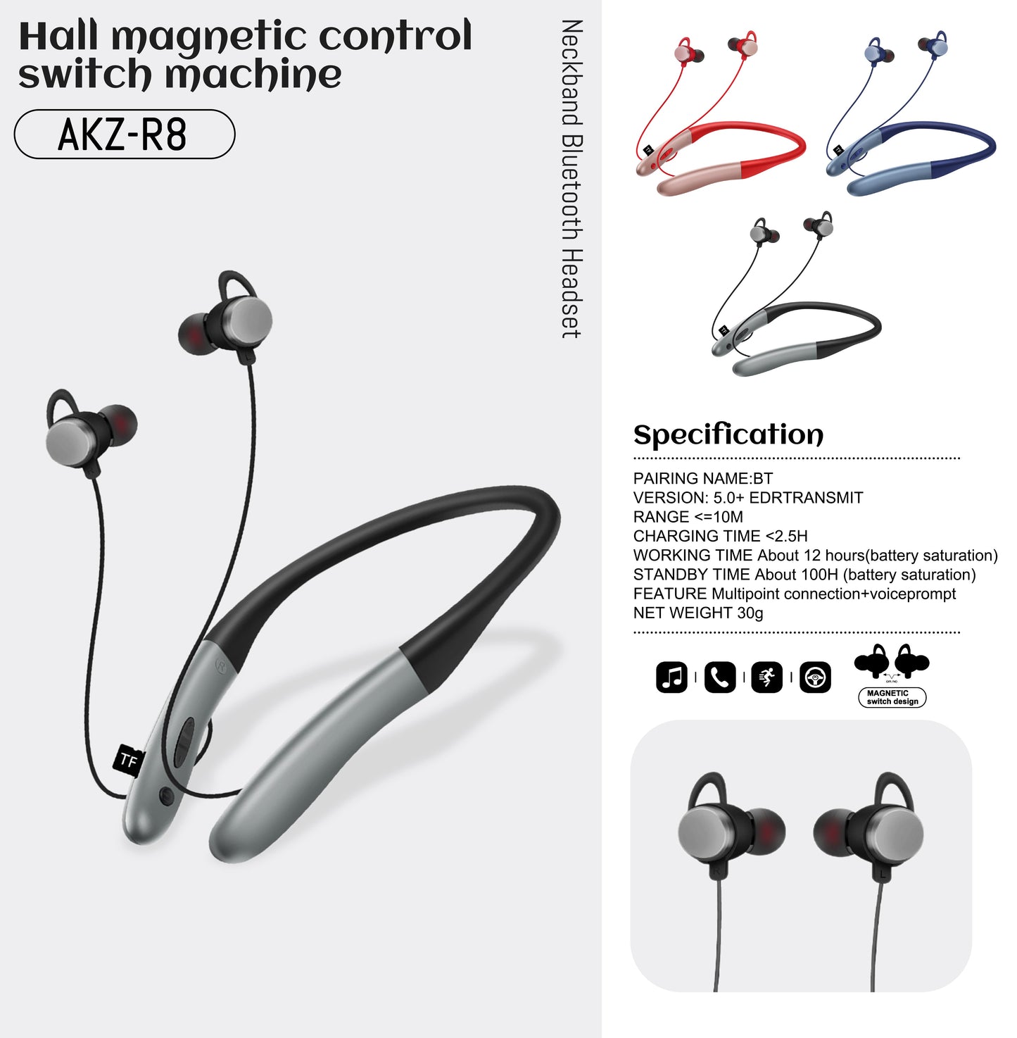 AKZ-R8 New Private Model Wireless Bluetooth Headset 5.0 Hanging Neck Sports Hall Magnetic Switch Stereo Headset - Korvel